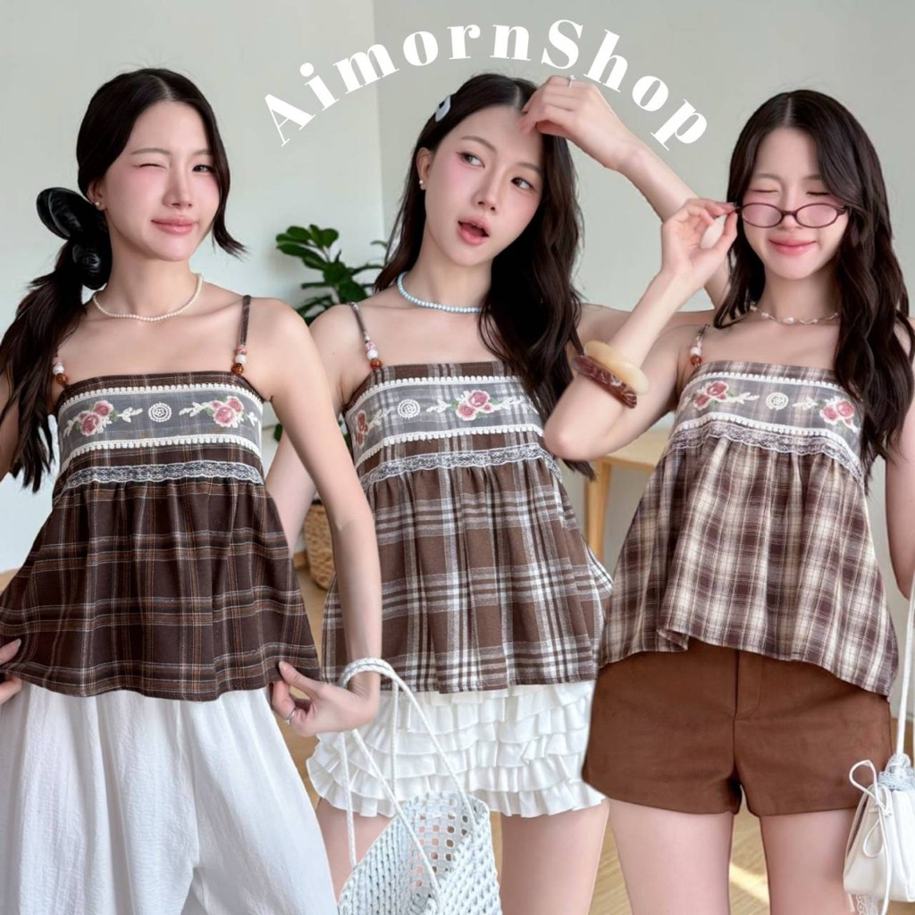 🔥aimorn_shop🔥เสื้อสายเดี่ยว ตกแต่งสายเก๋ๆ บริเวณช่วงอก มีปักดอกไม้น่ารักๆ เพิ่มความชิค ดีเทลสวยมาก