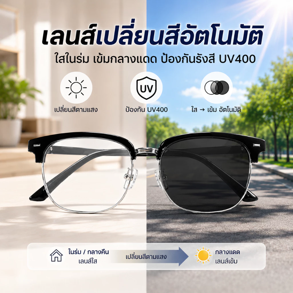 แว่นกันแดด แว่นตาเปลี่ยนสีออโต้ แว่นกรองแสงสีฟ้า ป้องกัน UV400 เลนส์อัจฉริยะ ใส่ได้ทั้งกลางวันและกลางคืน