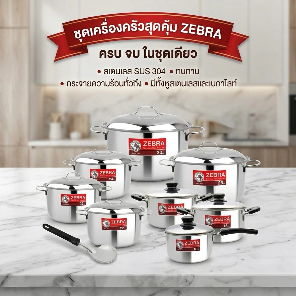 [ของแท้ 100%] ZEBRA หม้อสแตนเลส SUS 304 ตราหัวม้าลาย หม้อหุงต้ม / หม้อด้าม ชุดเครื่องครัวสุดคุ้ม มีหลายขนาดให้เลือก