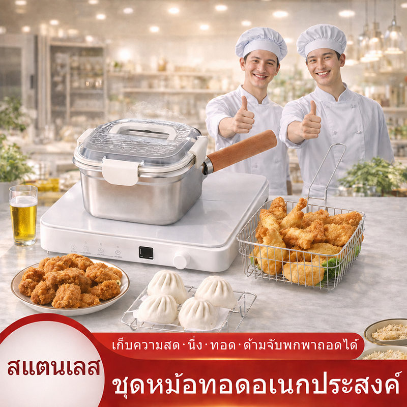 หม้อทอดลึก สี่เหลี่ยม หม้อสแตนเลส ด้ามถอดได้ สามารถใช้ได้กับเตา เตาแม่เหล็กไฟฟ้า เตาแก๊ส