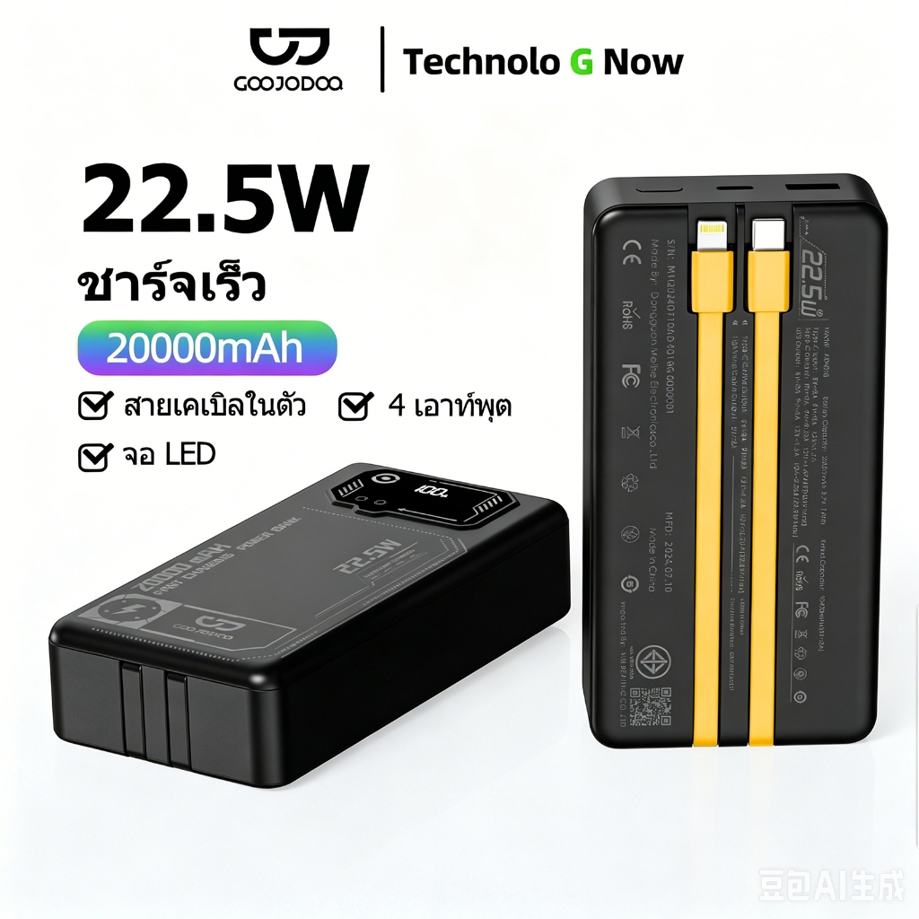 GOOJODOQ 20000 mAh Polymer Power Bank with Built-in Cables PD Fast Charging and Intelligent Circuit Protection