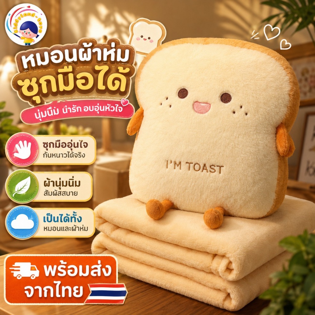 พร้อมส่ง 🇹🇭 หมอนผ้าห่ม ซุกมือได้ I'M TOAST ขนมปัง หมอนอิงตุ๊กตานุ่มนิ่ม ลายการ์ตูน หน้าตาน่ารัก