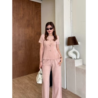 Uni Set:: ชุดเซ็ท 2 ชิ้นขายาว ชุดเซ็ทขายาว เสื้อคอกลมแขนสั้นแต่งกระดุมทอง ชายล่างแต่งจีบ ทำงาน BETTY (B072)