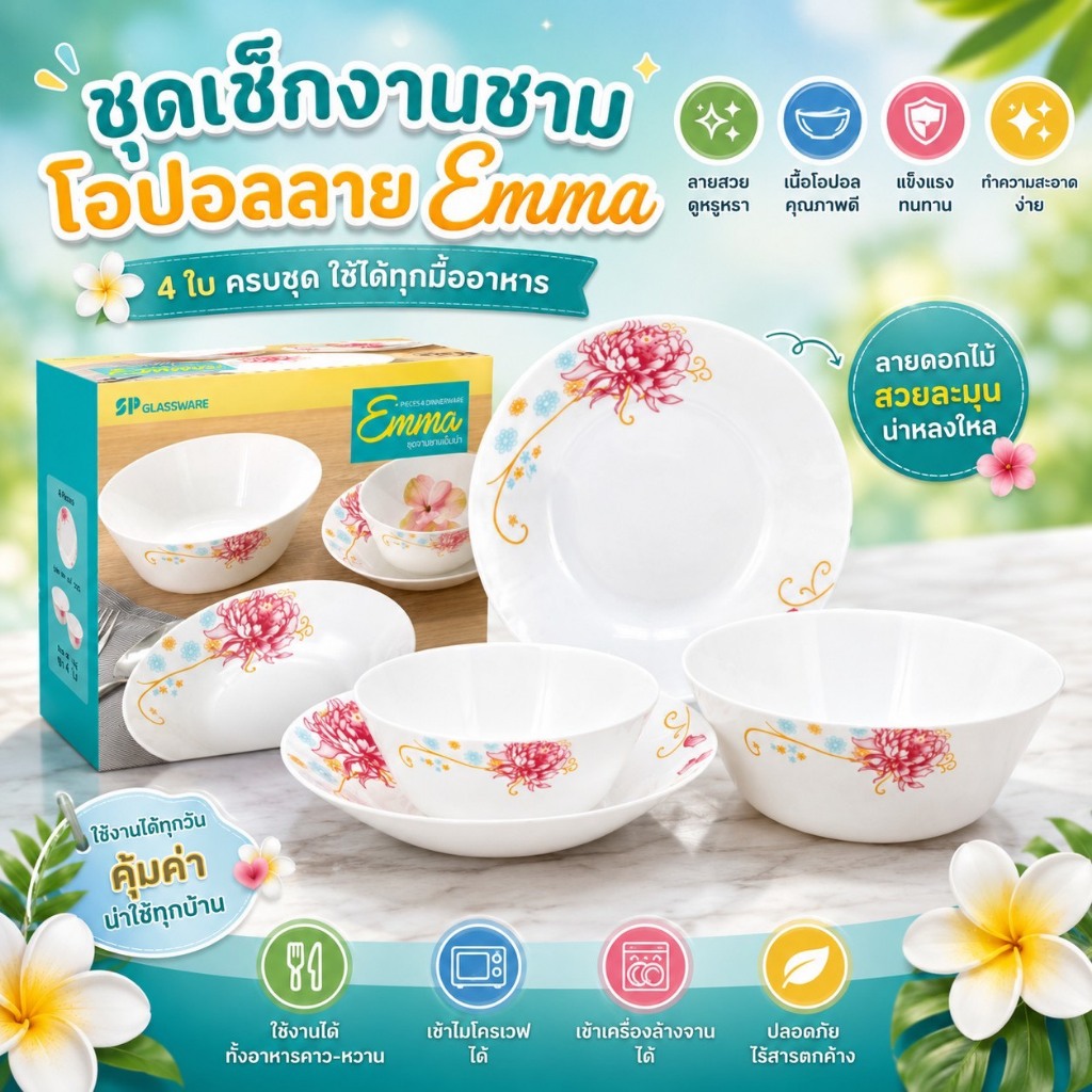 EM4pcs/set เซ็ทจานชามโอปอล 4 ชิ้น ลาย Emma ( สั่งได้สูงสุดต่อออเดอร์ 5 เซ็ท ) ( พร้อมส่ง )
