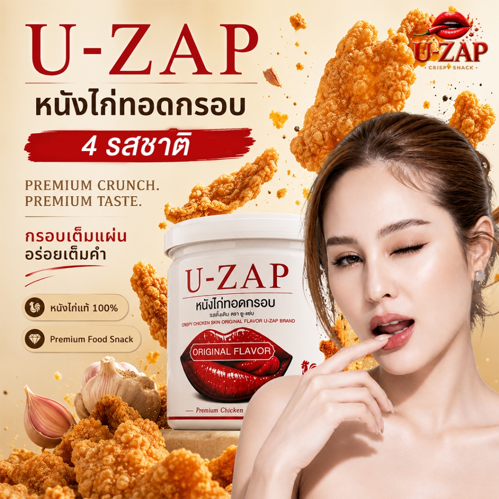 U-ZAP หนังไก่ทอดกรอบ พร้อมผงปรุงรส 4 รสชาติ | Premium Chicken Snack | 40 กรัม