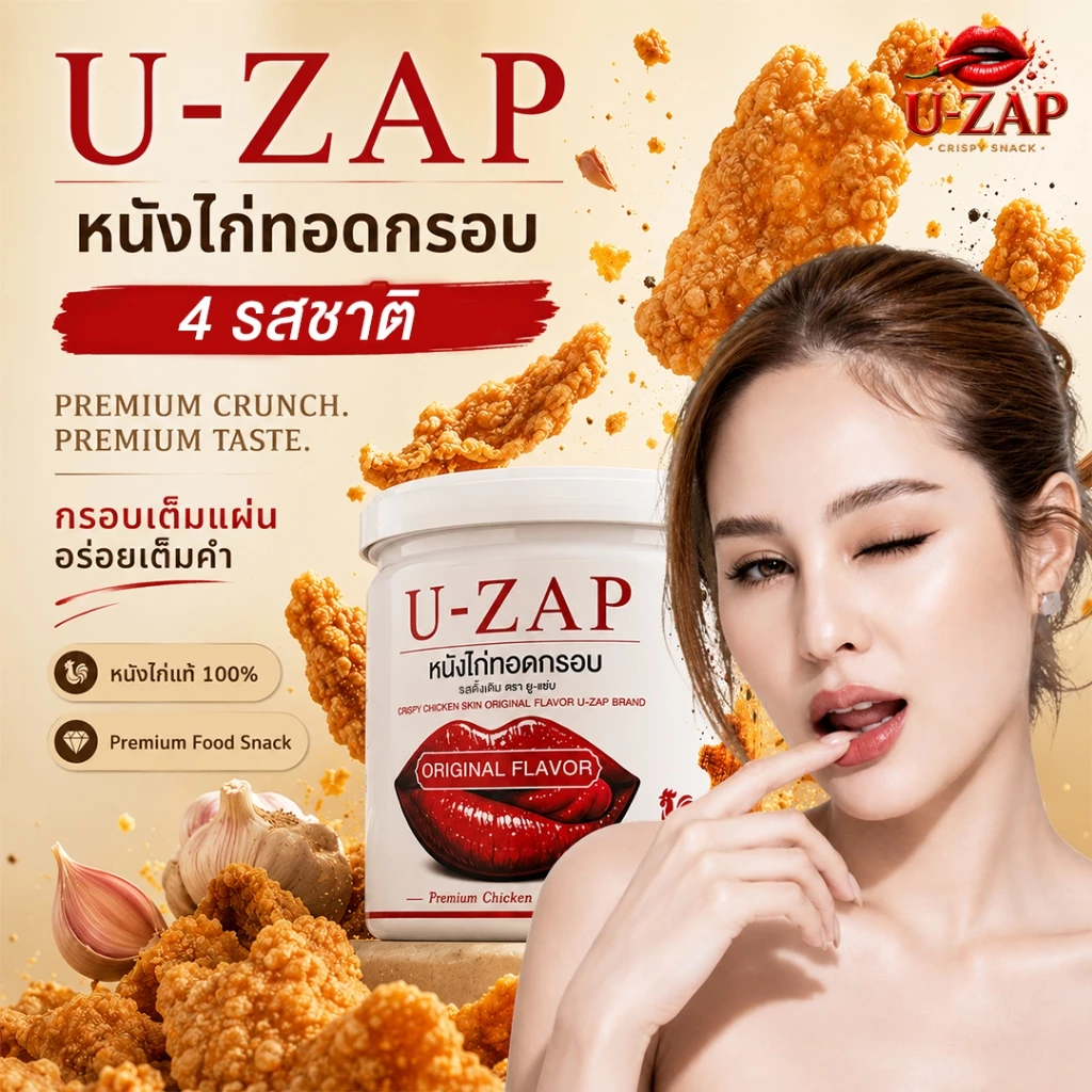 U-ZAP หนังไก่ทอดกรอบ พร้อมผงปรุงรส 4 รสชาติ | Premium Chicken Snack | 40 กรัม