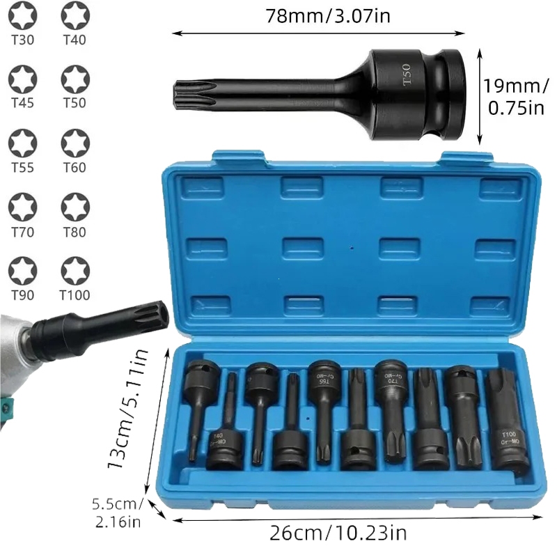 ชุดซ็อกเก็ตบิต Torx 10pcs ชุดซ็อกเก็ตบิต Torx 1/2 "ชุดซ็อกเก็ต T30 T40 T45 T50 T55 T60 T70 T80 T90 &