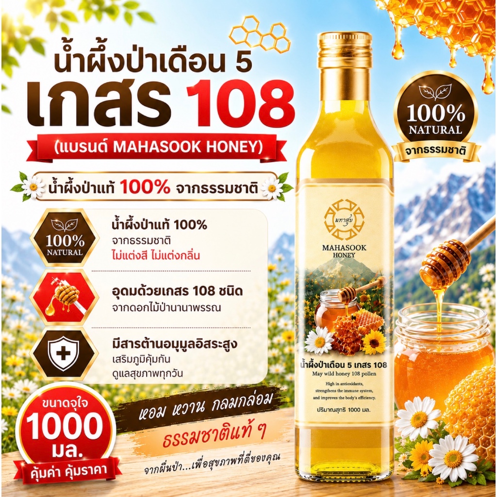 น้ำผึ้งแท้ เกสร 108 น้ำผึ้งป่าแท้ 100% จากธรรมชาติ ขนาดคุ้มค่า 1000 มล.