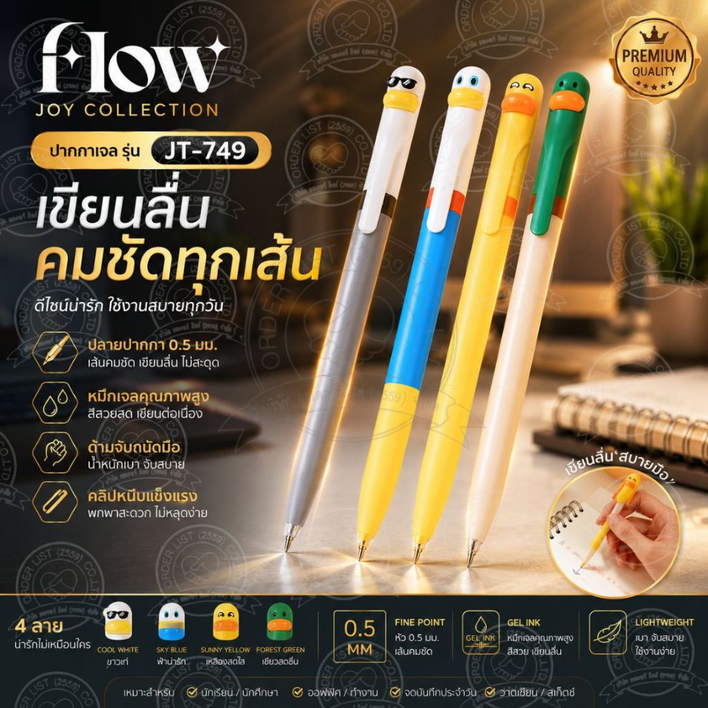 FLOW ปากกาเจล 0.5 มม. รุ่น JT-749 ปากกาหมุน หัวการ์ตูนน่ารัก เขียนลื่น หมึกคมชัด ปากกาเรียน ปากกาจดโน้ต ปากกาทำงาน 4 ลาย