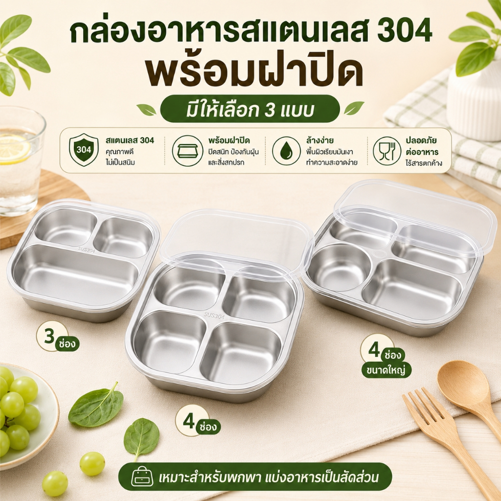 กล่องข้าวสแตนเลส 304 กล่องอาหารแบ่งช่อง พร้อมฝาปิดกันฝุ่น 3 ช่อง 4 ช่อง ใส่อาหารกลางวัน