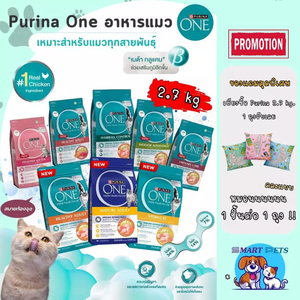 (มีของแถม) Purina ONE เพียวริน่า วัน อาหารเม็ดแมว ขนาด 2.7 กิโล เกรดซุปเปอร์พรีเมี่ยม