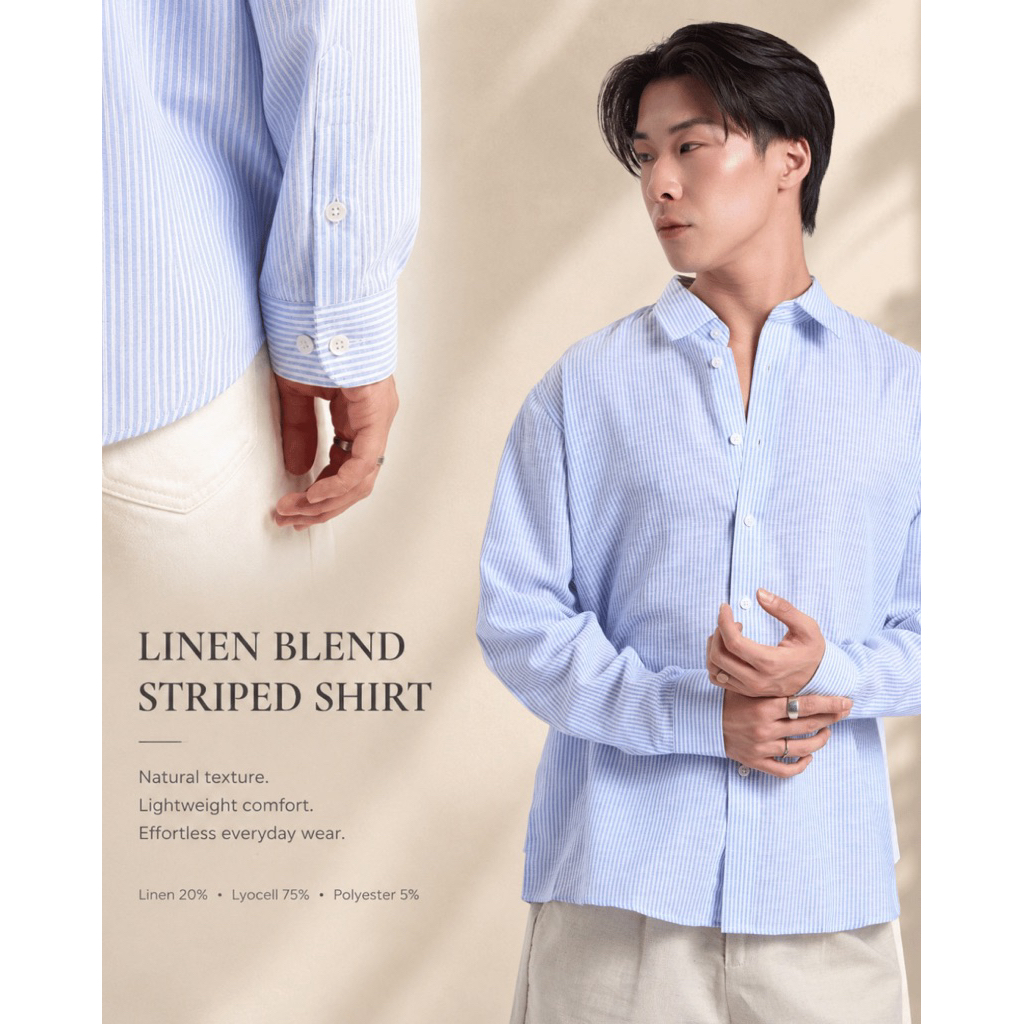 ⁠NORM Linen Blend Striped Shirt เสื้อเชิ้ตผู้ชาย ลายทาง ลินินผสมไลโอเซลล์ ทรงสวย ระบายอากาศ ไม่ร้อน