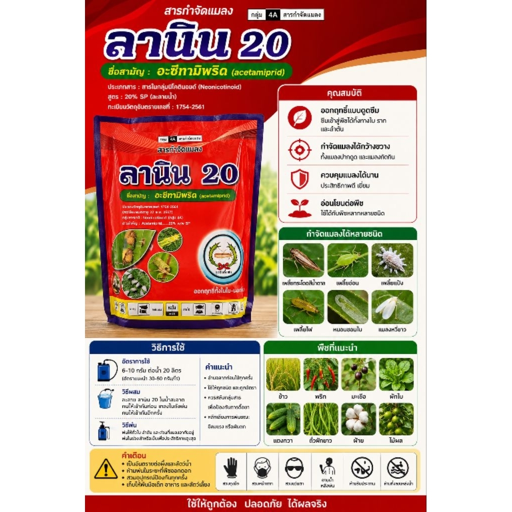 ลานิน ขนาด 1 กิโลกรัม อะซีทามิพริด 20% ตราหวีทอง สูตรเย็น กำจัด หนอนชอนใบ,เพลี้ยแป้ง,ด้วง,เพลี้ยกระโดด,บั่ว,แมลงหวี่ขาว