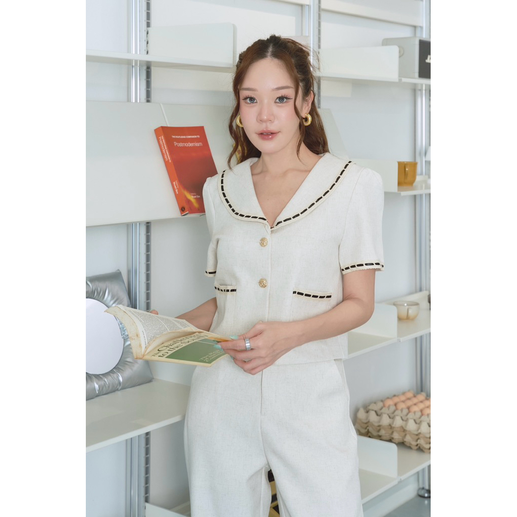 ร254  “Michael Tweed” มิเชลทวิต ตัวผ้าทวิตแบบเบานุ่มใส่ได้ทุกวัน Set 2pcs. เสื้อคอปกใหญ่แขนสั้น