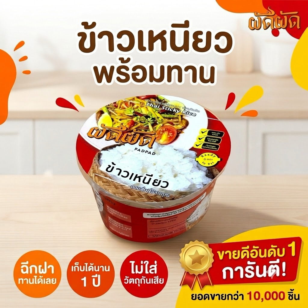 ข้าวเหนียวพร้อมทาน ตราผัดผัด (Padpad Sticky Rice) เก็บได้นาน1ปี ไม่ต้องแช่เย็น