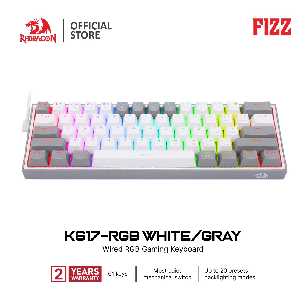 Redragon FIZZ K617 RGB สีขาว-เทา 60% คีย์บอร์ดกลไก แบบมีสาย 61 คีย์ ไฟ RGB Backlight