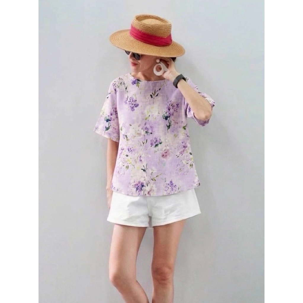 เสื้อลินินญี่ปุ่นคอกลมทรงเบสิคสวมใส่สบายยับยากไม่ต้องรีบ