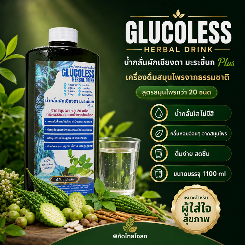 GLUCOLESS น้ำกลั่นผักเชียงดา มะระขี้นก Plus เครื่องดื่มสมุนไพรกลั่นใส สูตรสมุนไพรกว่า 20 ชนิด สำหรับผู้ใส่ใจสมดุลน้ำตาล