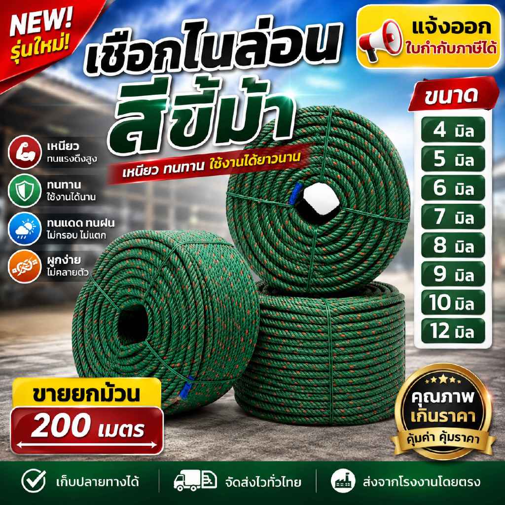 เชือกไนล่อน เชือกขี้ม้า ยกม้วนยาว 200 เมตร เชือกมัดของ เชือกโยงทุเรียน  เนื้อเหนียว ไม่ขาดง่าย