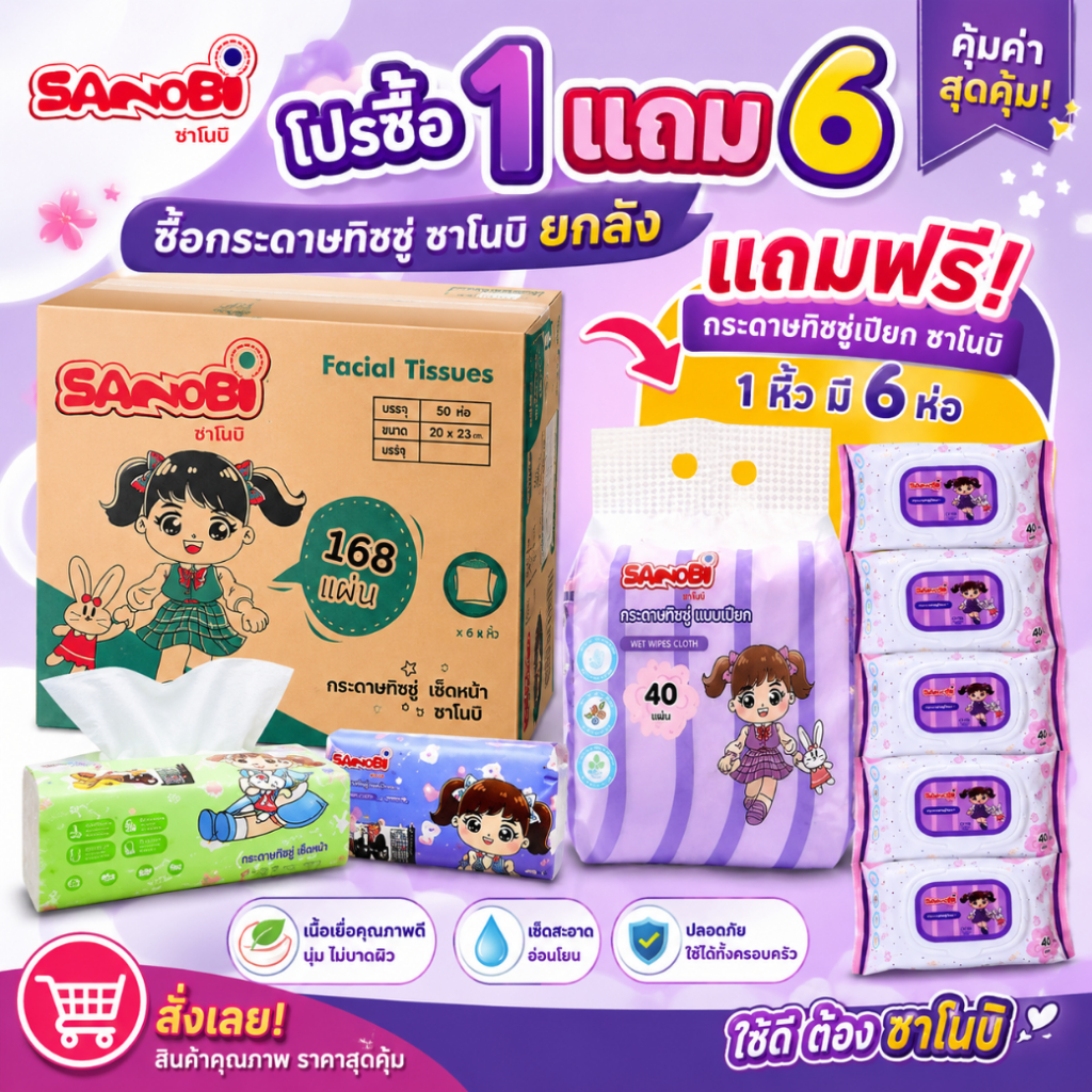 ยกลังสุดคุ้ม  50 ห่อ ห่อละ 168 กระดาษทิชชู่ซาโนบิ SANOBI  แผ่นกระดาษทิชชู่เช็ดหน้า ทำความสะอาด