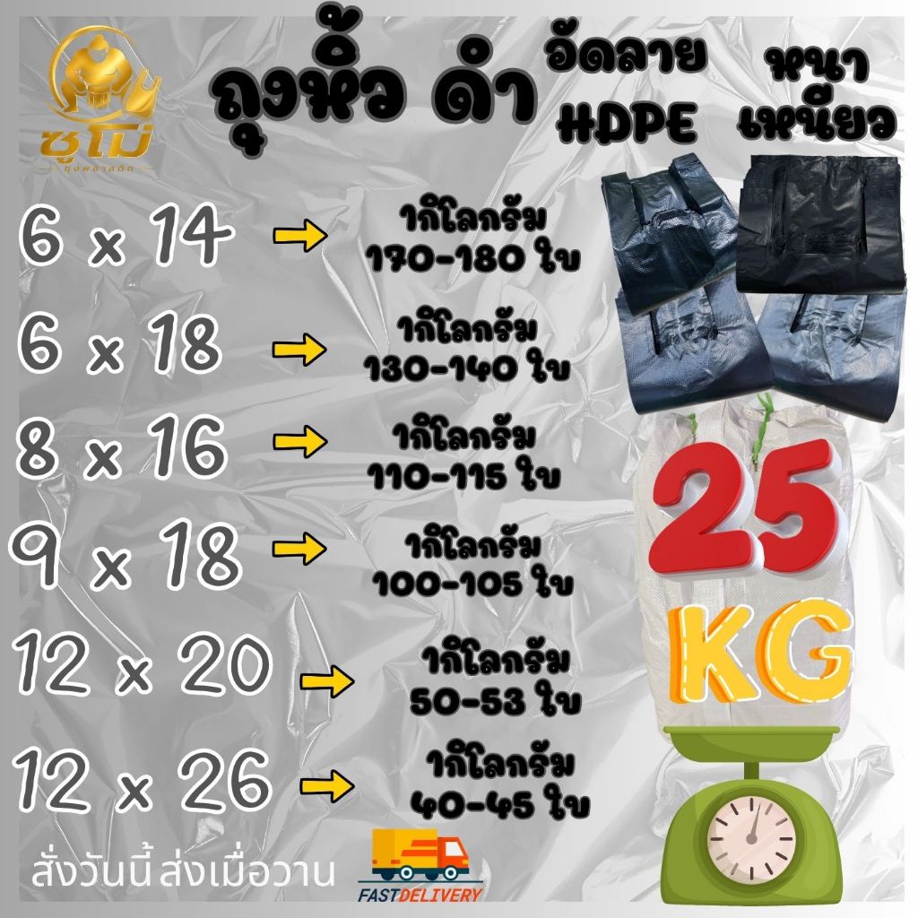 [25KG] ยกสอบถูกๆ ถุงหูหิ้วสีดำ แบบหนา อัดลายสวยๆ  กลิ่นไม่ฉุน หนา เหนียว รง.ผลิตเอง ค่าธรรมเนียมขึ้น แต่ร้านเราไม่ขึ้นรา
