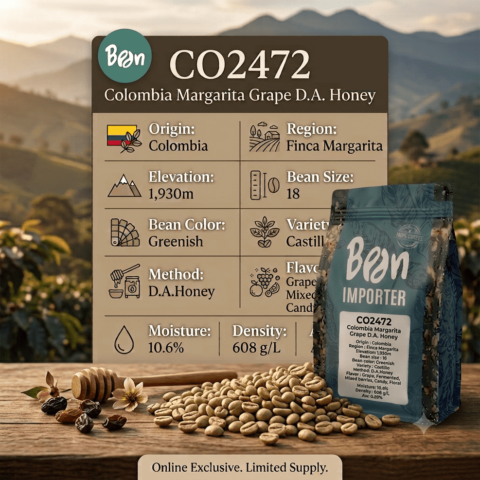 สารกาแฟ/เมล็ดกาแฟดิบ/Green bean (CO2472) โคลอมเบีย Colombia Margarita Grape D.A. Honey - 1 Kg.