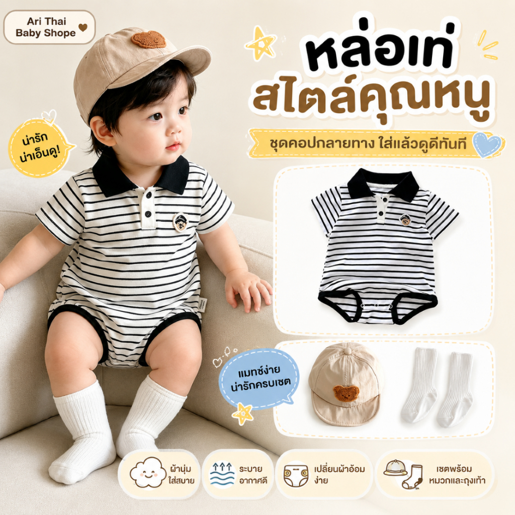 เซตบอดี้สูทโปโลลายทาง 3 ชิ้น ผ้านุ่มใส่สบาย พร้อมหมวกปักหมีและถุงเท้า