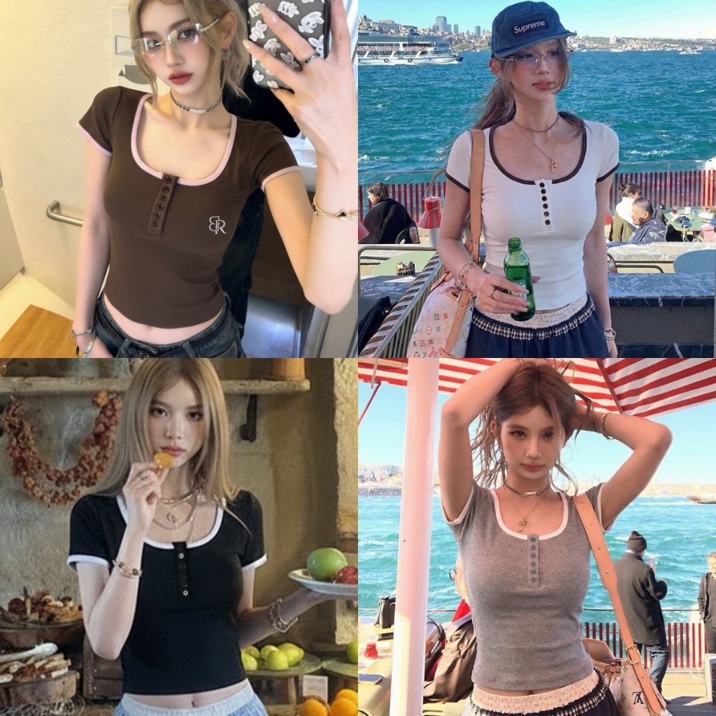 Beryl พร้อมส่ง เสื้อยืดผู้หญิง แขนสั้น เสื้อครอปคอU ขอบสีตัดกัน กระชับสัดส่วน สาวแซ่บ สไตล์เกาหลี