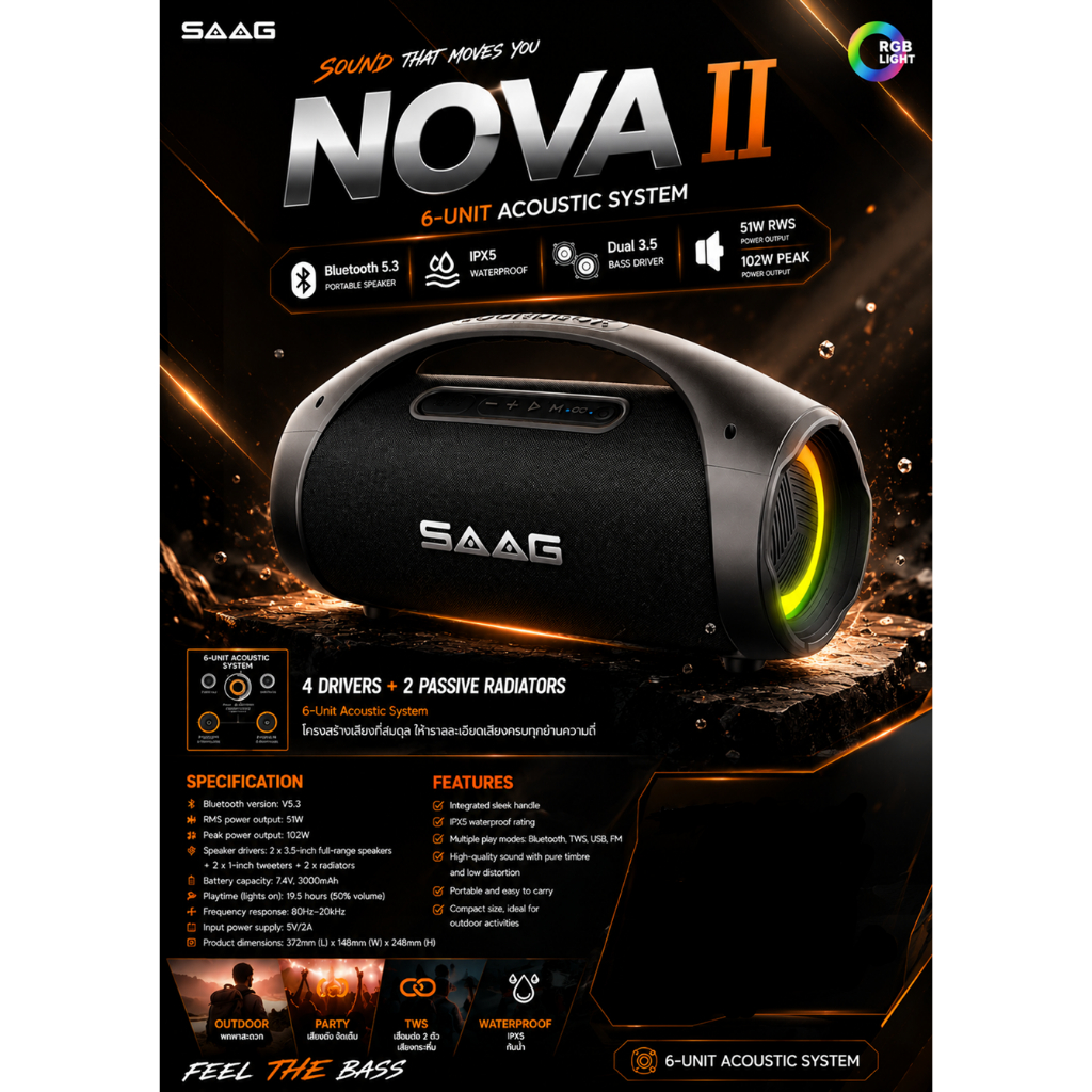 ลำโพงบลูทูธ SAAG Nova II bluetooth 5.3 portable speaker มีไฟRGB  กันน้ำมาตรฐาน IPX5 25W ลำโพงพกพา