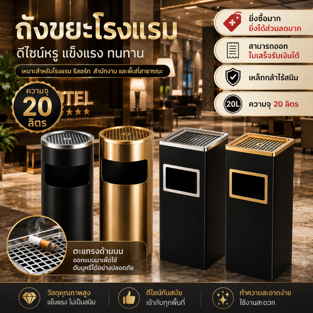แข็งแรง ทนทาน ถังขยะสแตนเลส ทรงกระบอกสูง พร้อมที่เขี่ยบุหรี่ จุขยะได้มาก สแตนเลส 20 ลิตร