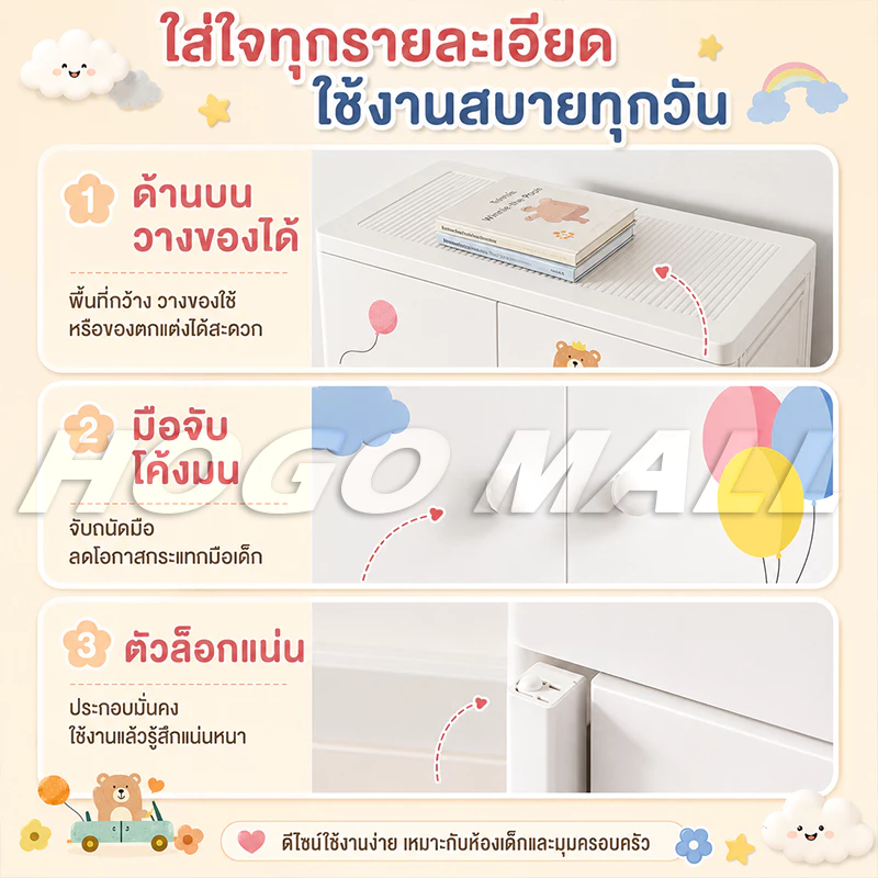 HOGO ตู้เสื้อผ้าเด็ก พับเก็บได้ ตู้เสื้อผ้า ตู้เก็บของ ลายการ์ตูน พร้อมล้อเลื่อน ประตูคู่ ลิ้นชัก thumbnail 7
