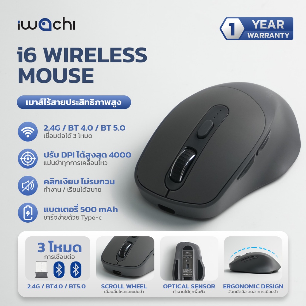 เมาส์ไร้สาย Ergonomic Mouse IWACHI i6 สีเทา ใช้งานได้หลายอุปกรณ์ เสียงคลิกเงียบ ไร้เสียงรบกวน