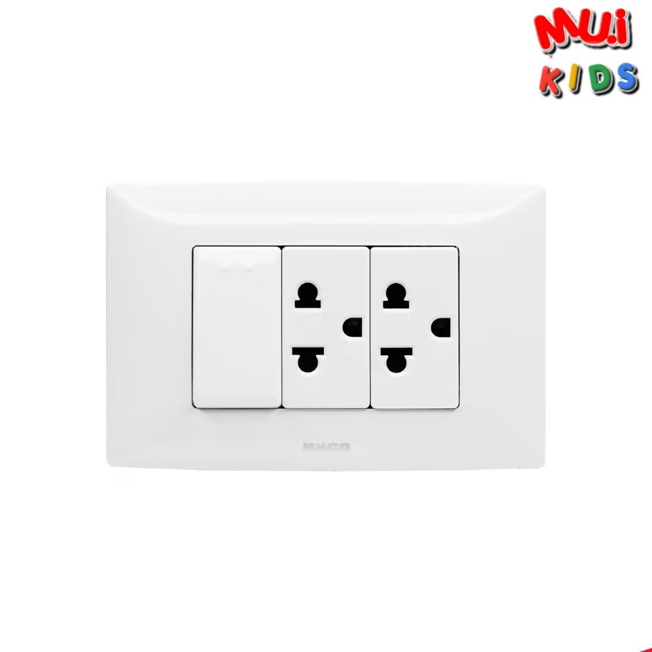HACO ชุดเต้ารับเดี่ยว 2 ช่อง + สวิตช์ทางเดียว Euro-American socket with frame รุ่น AP-E21 by MUIKID