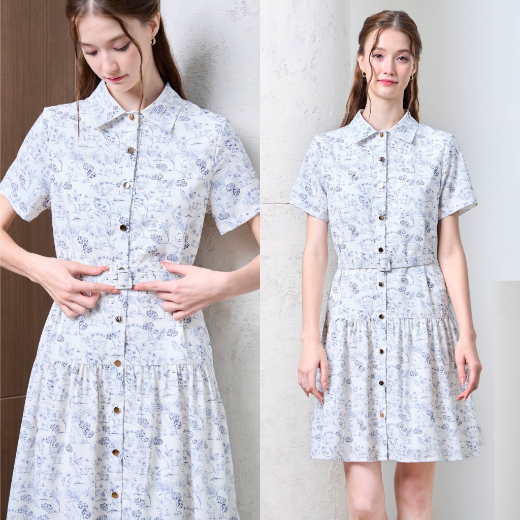 Cheryl brand - Zoey Mini Dress in White Blue Forest Print / เดรสคอปกลายสีฟ้า