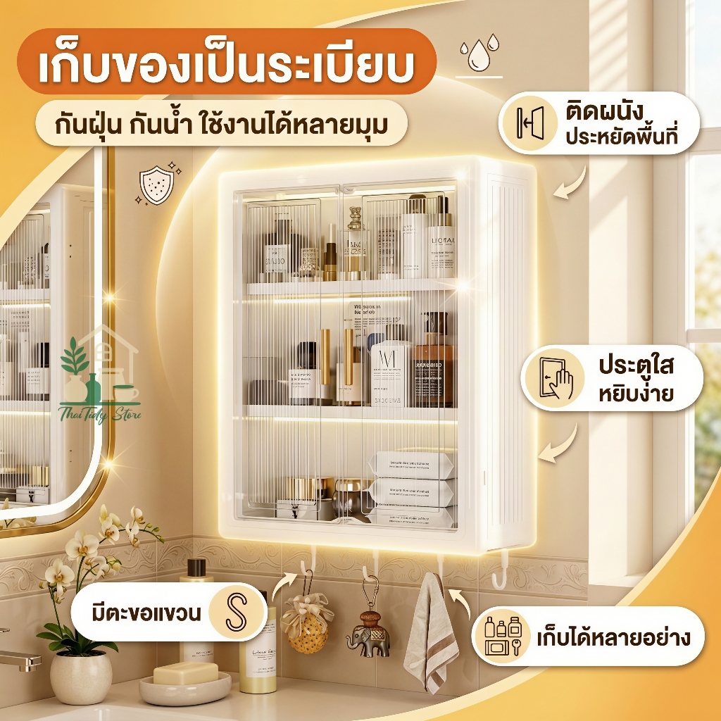 ตู้แขวนผนังอเนกประสงค์ 3 ชั้น บานใสกันฝุ่น กันน้ำ มีตะขอแขวน เก็บของครัว ห้องน้ำ ติดตั้งง่าย สวย ประหยัดพื้นที่