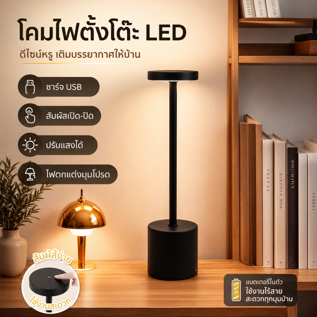 โคมไฟตั้งโต๊ะ LED ไร้สาย โคมไฟหัวเตียง USB ชาร์จ ปรับแสงได้ 3 สี หรี่ไฟได้ ใช้ในห้องนอน คาเฟ่ มินิมอล