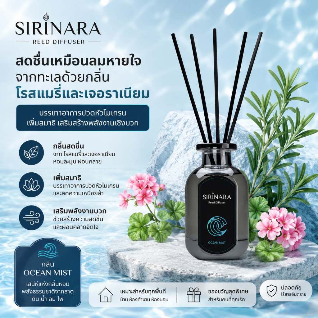 Sirinara Reed Diffuser กลิ่นหอมธรรมชาติพรีเมียม กลิ่น Oceanmist ดื่มด่ำความสดชื่นราวกับอยู่ริมทะเล