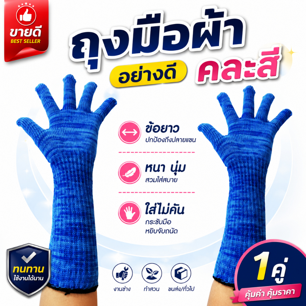 ถุงมือผ้า ข้อยาวพิเศษ12นิ้ว แบบแพ็ค6 คู่และยกโหล 12คู่ คละสี