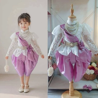KT พร้อมส่ง 👗 ชุดไทยเด็กผ้าลูกไม้+ผ้าพาด กลัดโบว์ +โจงกระเบนสีไวน์สุดหรู 🎀 แถมกิ๊บโบว์ติดผม