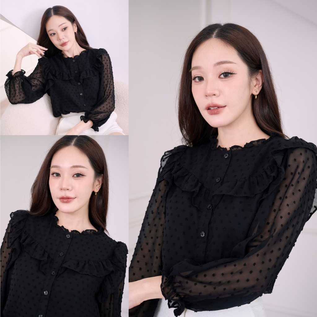 Cheryl brand - Ristie Ruffle Blouse in Black Texture Fabric / เสื้อสีดำแขนยาวผ้าชีฟอง