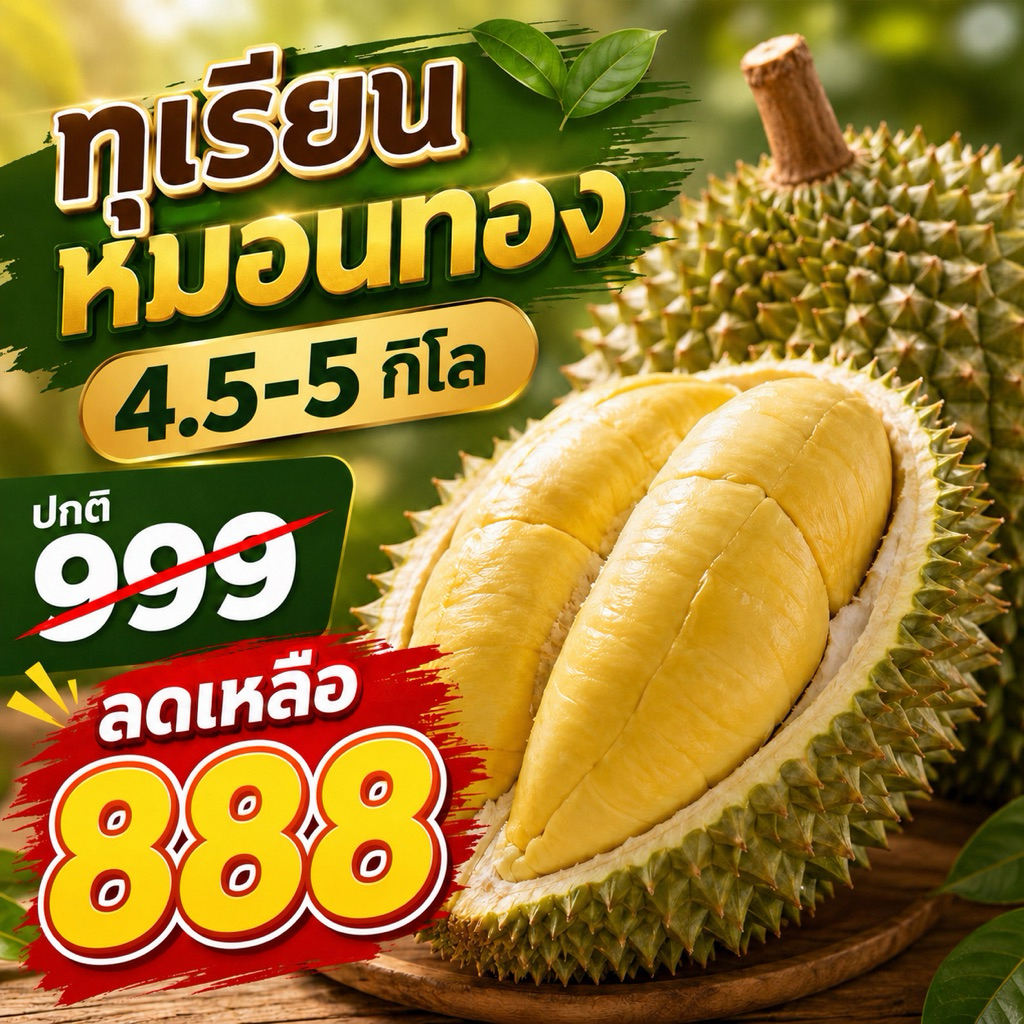 🔥ส่งฟรี‼️👍🏻ทุเรียนหมอนทอง1กล่องโปร999.-✅4.5-5kg.(1-3ลูก)ตัดแก่สดจากสวนจันทบุรี
