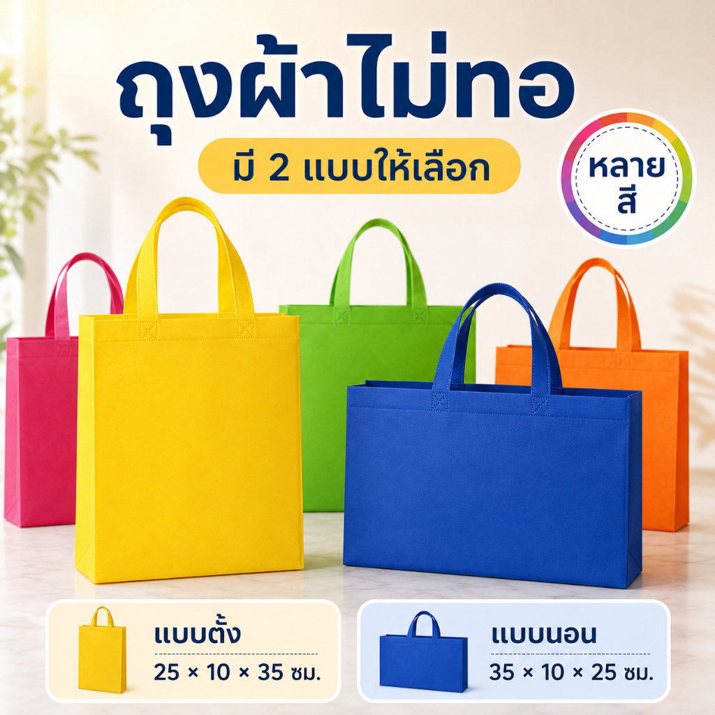 ถุงผ้าไม่ทอ หูหิ้ว แข็งแรง มีแบบตั้ง/นอน ถุงช้อปปิ้ง ถุงของขวัญ ใช้ซ้ำได้ พกพาง่าย พร้อมส่ง COD 🛍️