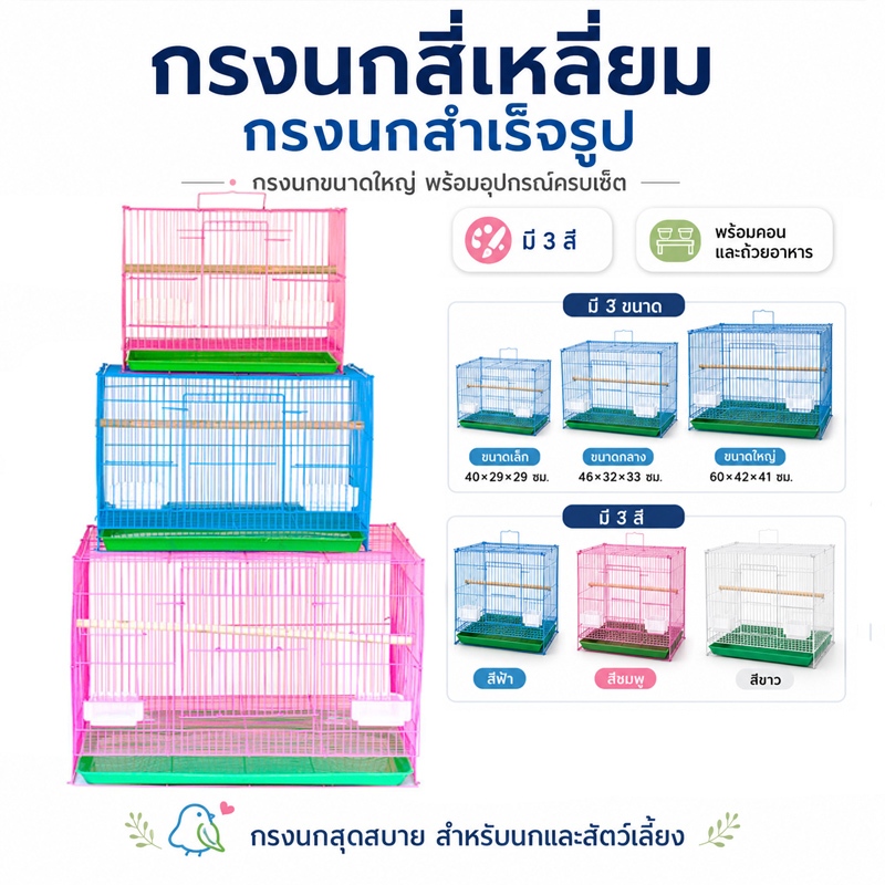 กรงนกแบบพับสี่เหลี่ยม ไซส์ต่างๆ (พร้อมถาด+ถ้วยอาหาร2ใบ+คอน) สีสุ่ม