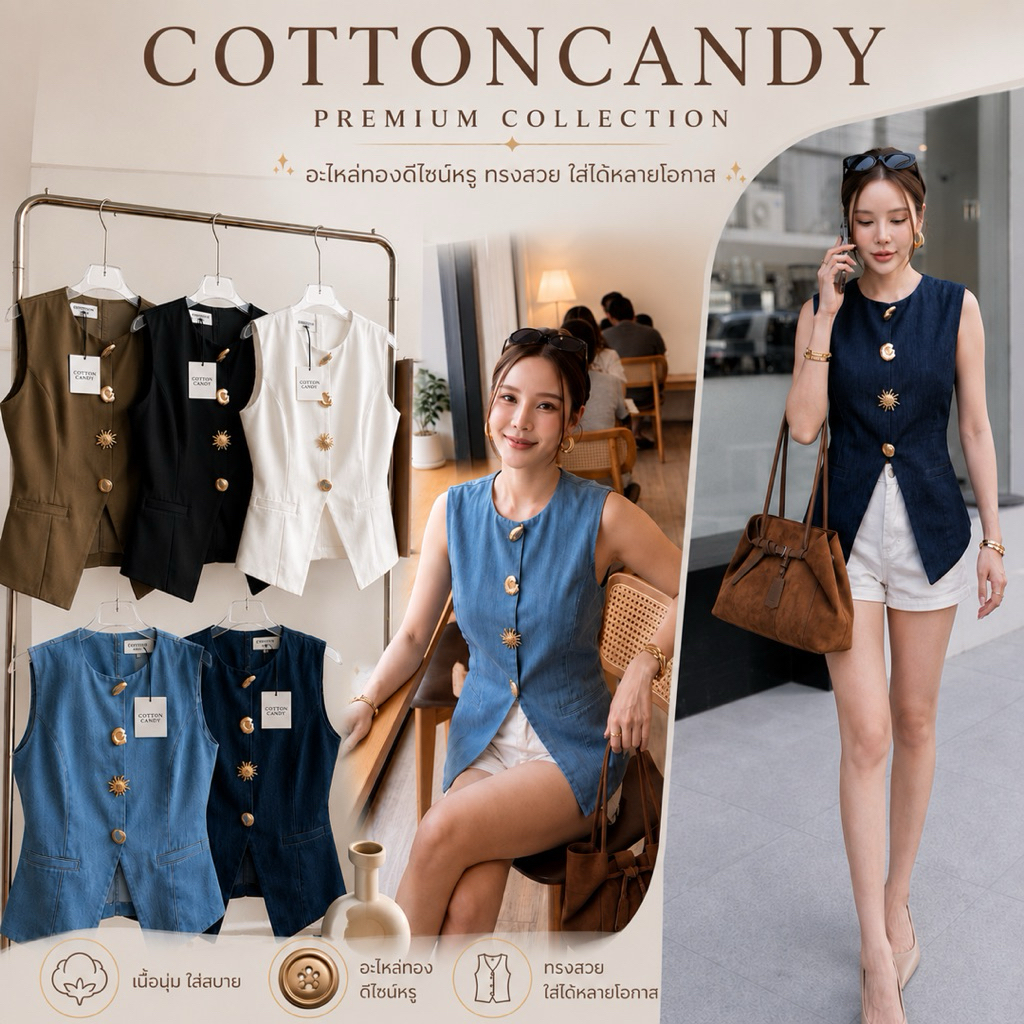 COTTONCANDY Premium Collection งานเบลเซอร์แขนกุดดีไซน์เรียบหรู ไฮแฟชั่น กระดุมโทนทอง ทรงเข้ารูปผ้าพรีเมี่ยมมีซับในหรูหรา