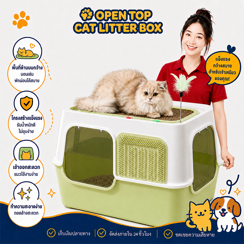 ห้องน้ำแมวตัวใหญ่ ถาดทรายแมว กระบะทรายแมว cat litter box กระบะทรายแมวแบบปิด กล่องทรายกึ่งเปิด กระบะทรายแมวใหญ่ รุ่นปิด