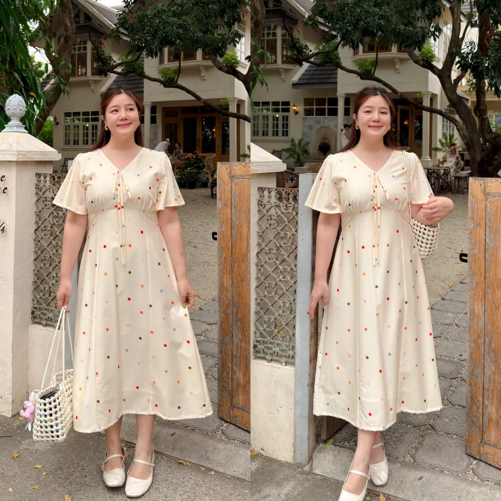 (❤️ อกถึง 50") Glowing Print Dress เดรสสาวอวบ ชุดสาวอวบ