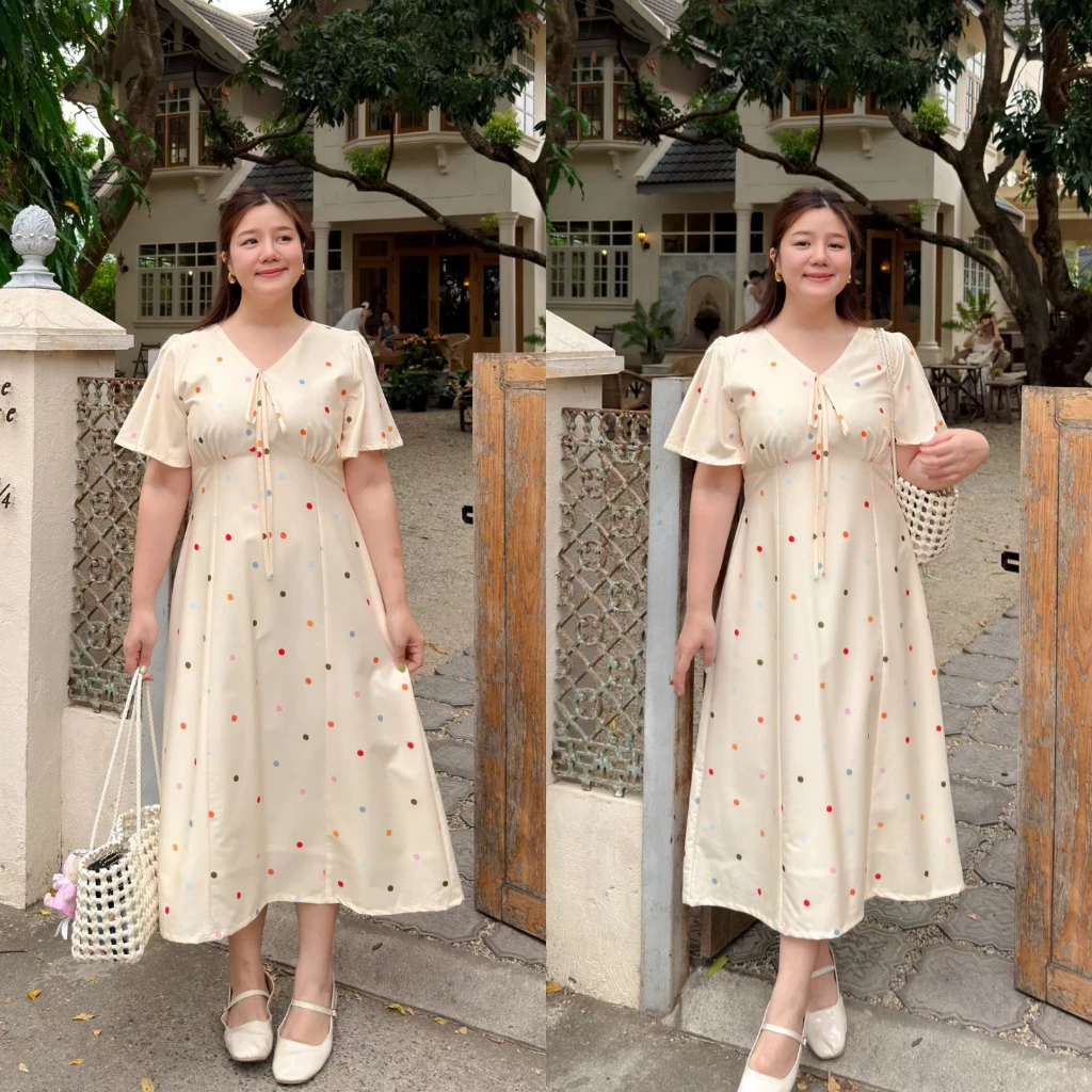 (❤️ อกถึง 50") Glowing Print Dress เดรสสาวอวบ ชุดสาวอวบ