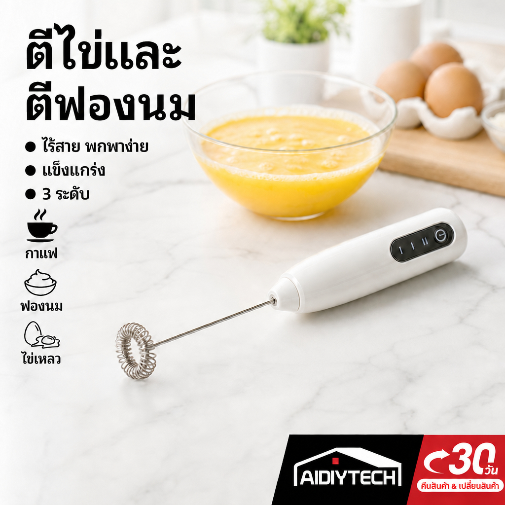 เครื่องตีฟองนม ไฟฟ้า ไร้สาย เครื่องตีไข่ ที่ตีฟองนม ชาร์จ USB ปรับได้ 3 ระดับ ตีวิปครีม ผสมกาแฟ พกพา