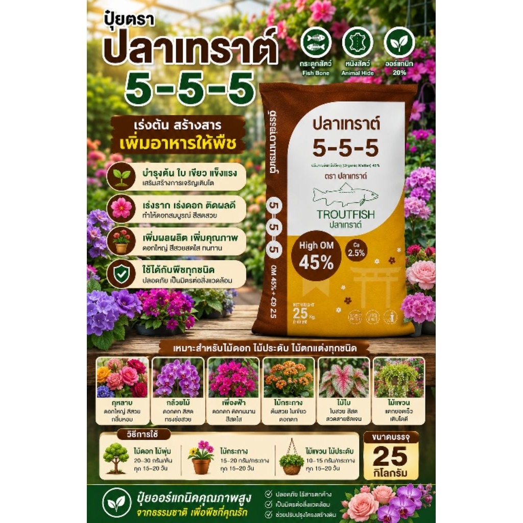 ปุ๋ยปลาเทราต์ สูตร 5-5-5 +2.5Ca + 45 OM ขยายขนาดใบ ช่วยให้ใบหนา เขียวเข้ม