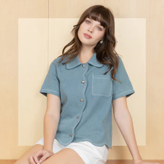Glucoat | [A191] เสื้อยีนส์เดนิมคอปก ชายแต่งขอบหยัก มีกระเป๋าหน้า กระดุมหน้าหัวใจใช้งานได้จริง